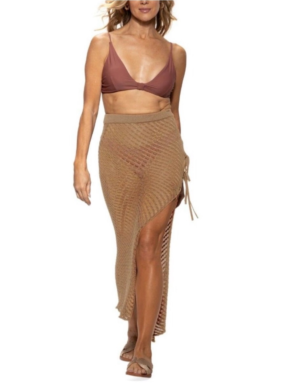 Dotti Tan Crochet Side-Slit Swim Coverup Skirt